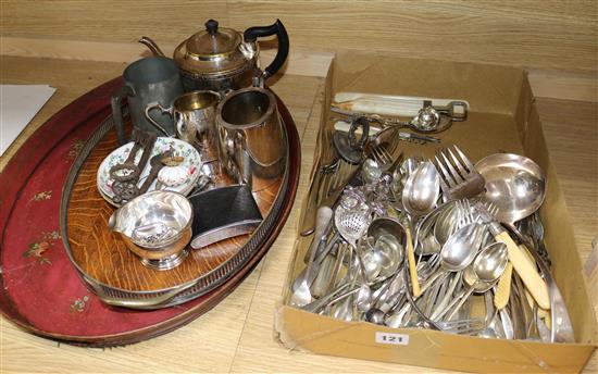 Mixed silver plate, pewter mug , tray etc Tray L.57cm